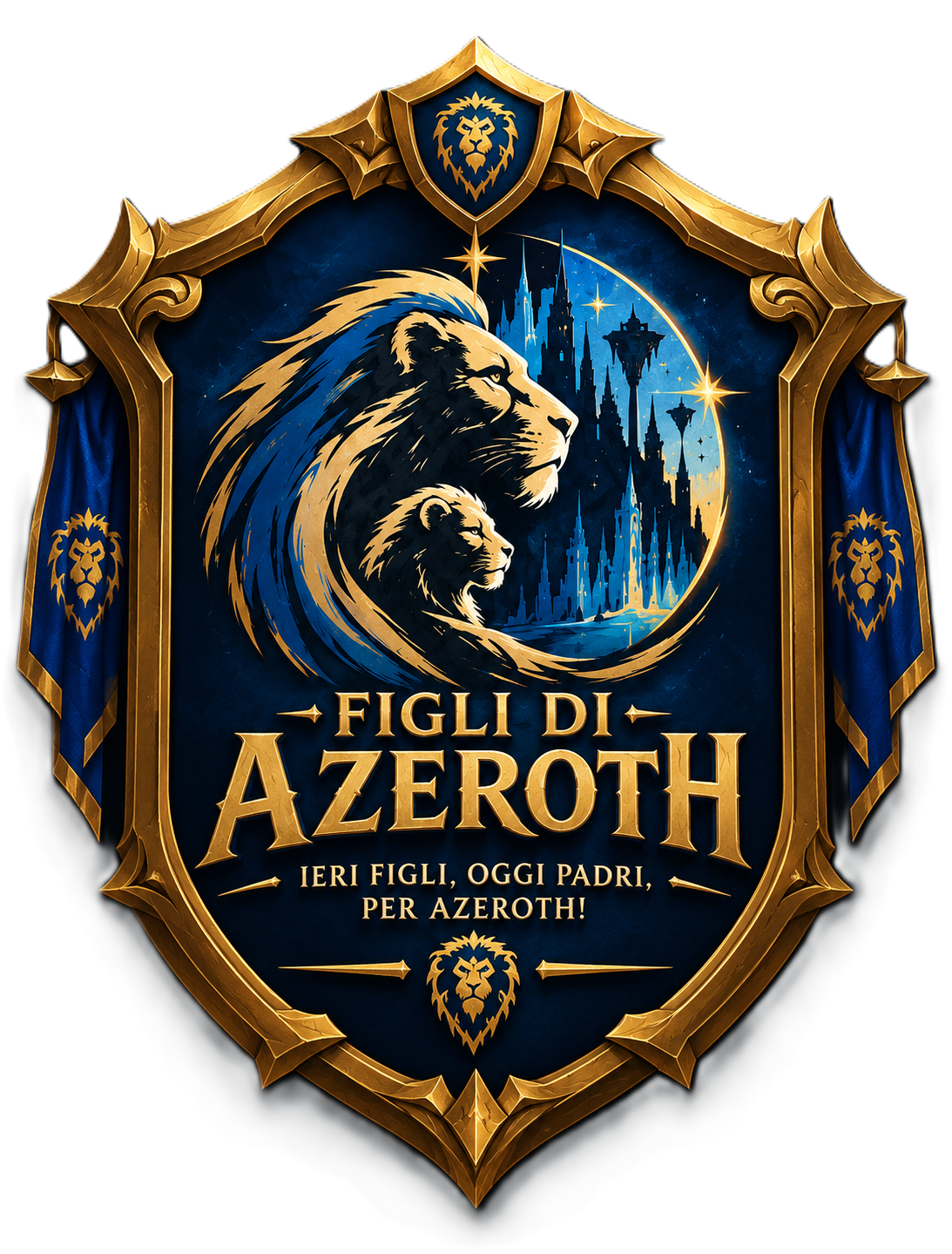 Stemma Figli di Azeroth: leoni, castello azzurro e motto Ieri figli, oggi padri, per Azeroth!